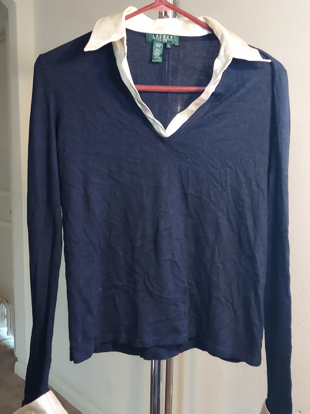 Lauren Ralph Lauren Navy V-Neck Sweater with White Collar